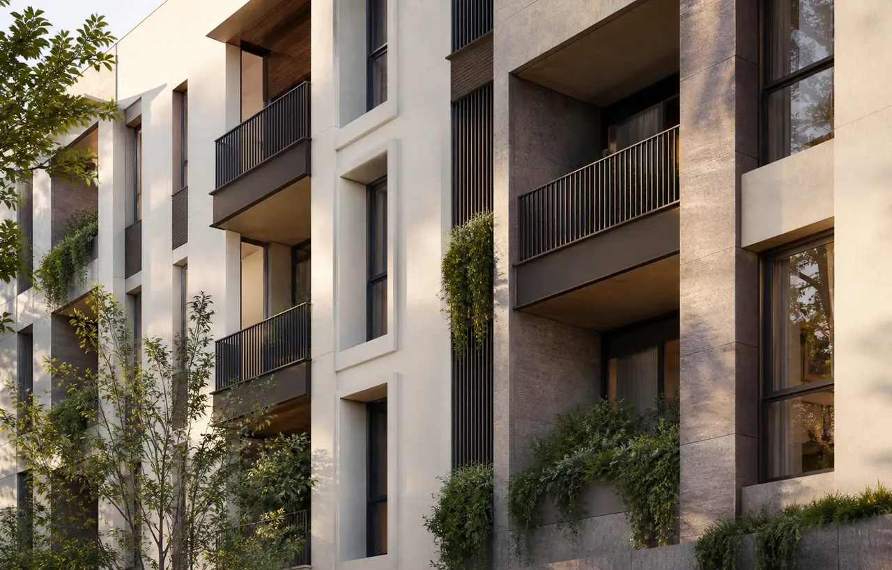 Conceptual contemporary residential façade with warm stone and shaded balconies