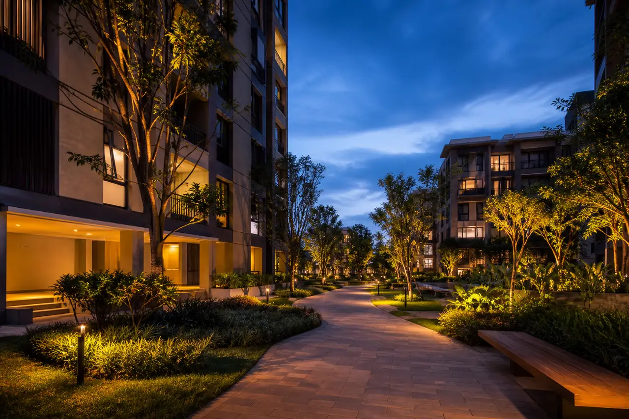 Warm-lit pedestrian walk between landscaped buildings at blue hour