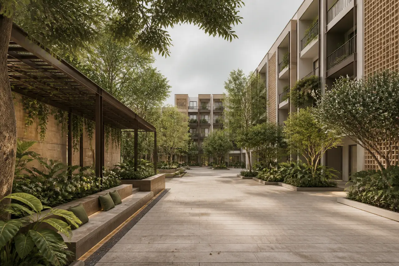 Conceptual landscaped courtyard framed by contemporary homes