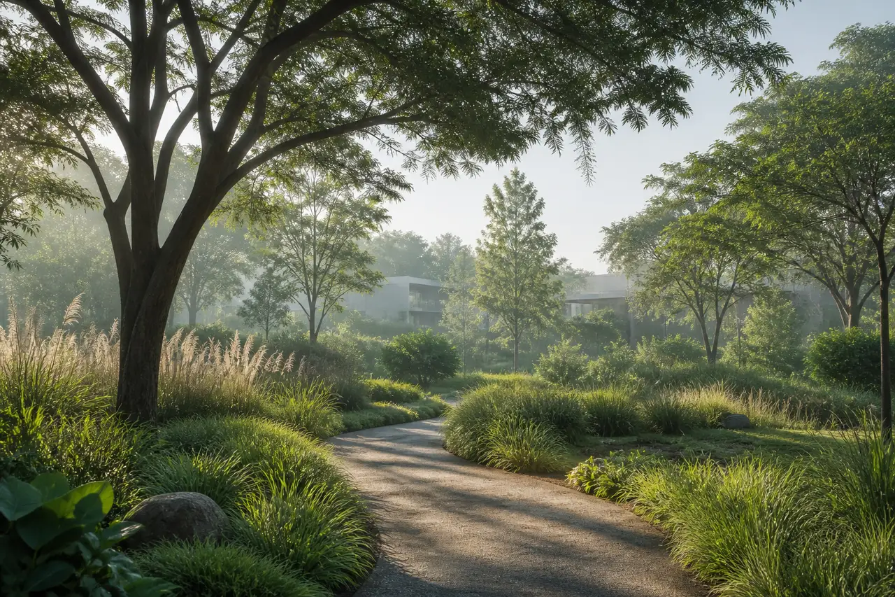 Conceptual shaded walking path through a residential garden