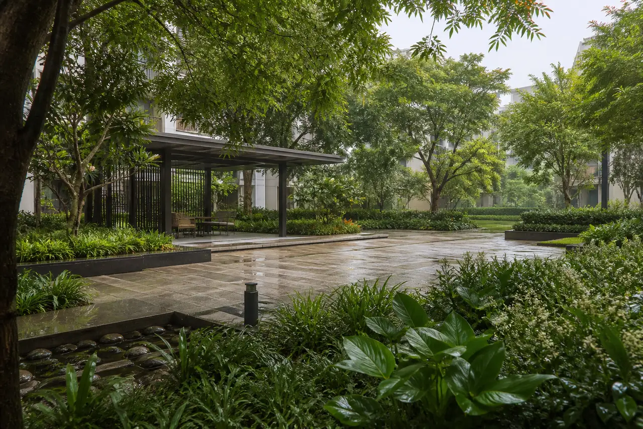 Conceptual green residential garden after monsoon rain