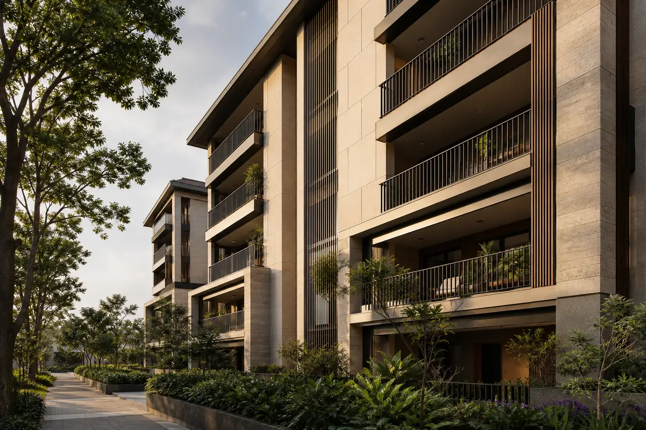 Apartment elevation with deep balconies and warm stone detailing