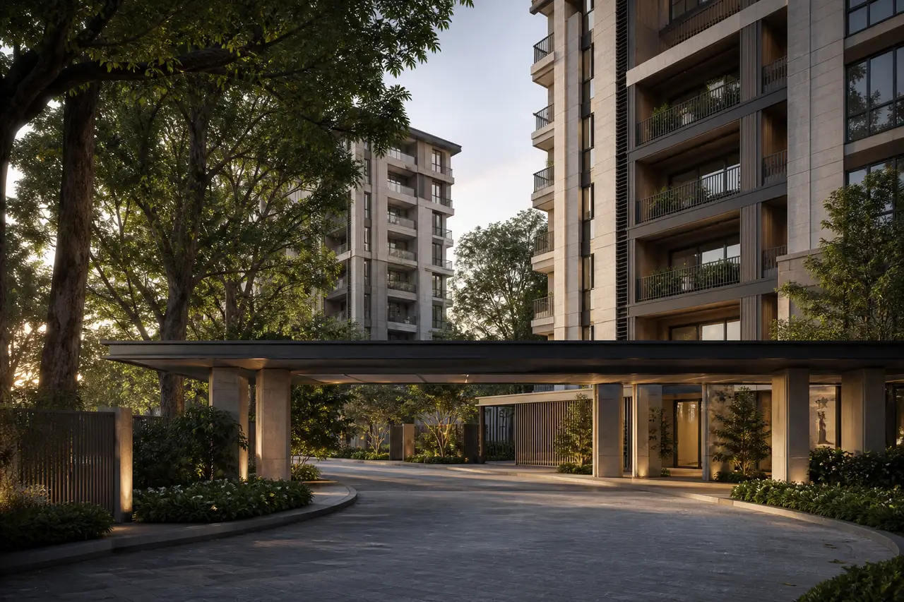 Sheltered apartment arrival court beneath mature trees